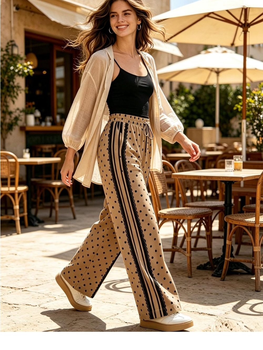 Beige Polka Dot Wide-Leg Track Pants with Black Side Stripes